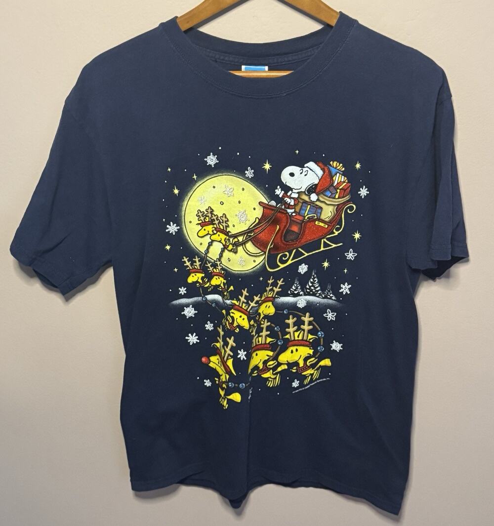 Vintage Snoopy Christmas T Shirt Mens Blue Sz L Gildan Woodstock Santa Peanuts